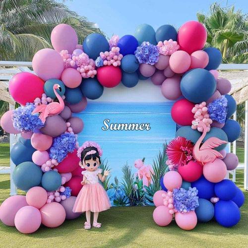 Hot Pink Blue Purple Balloon Arch - Double Stuffed Dusty Slate Blue Lavender Magenta Balloon