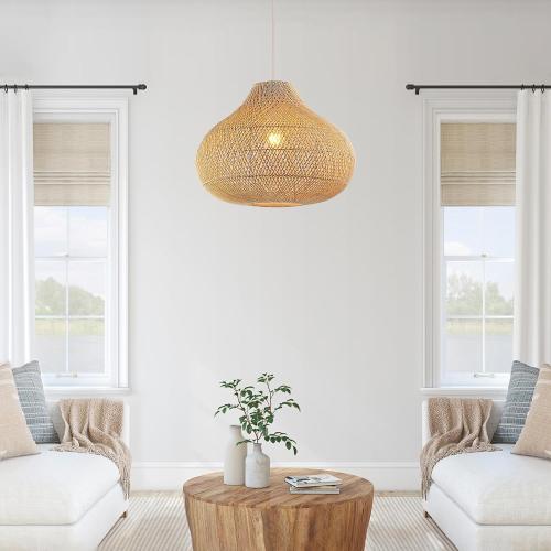 Large Rattan Pendant Light, 19.7 Rattan Boho Wicker Chandelier Hand-Woven Basket Pendant Light Fixtures for Dining Room Kitchen Island Living Room