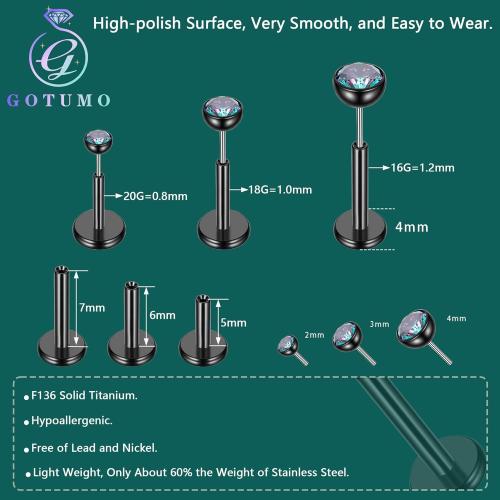 Gotumo 16G 18G 20G Flat Back Earrings Stud Titanium Threadless Nose Rings Tragus Labret Cartilage Lip Medusa Conch Body Piercing Jewelry Hypoallergenic for Women Men