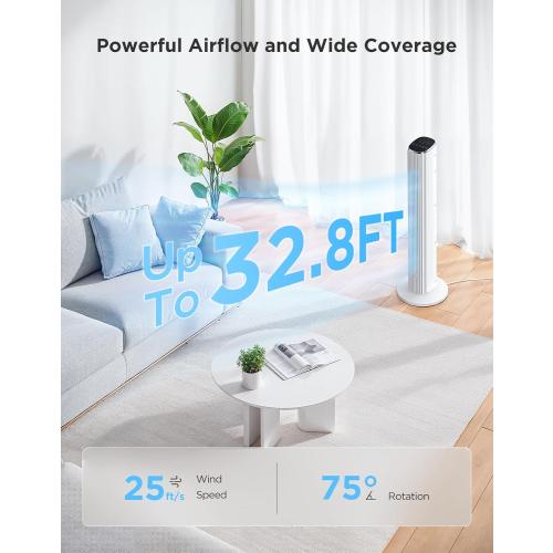 GoveeLife White Tower Fan for Bedroom, 36 Smart Floor Fan with App/Voice Control, Temperature Sensor, 5 Modes 8 Speeds(25ft/s), 29dB Quiet Oscillating Fan for Office, 24H Timer, Auto Cooling