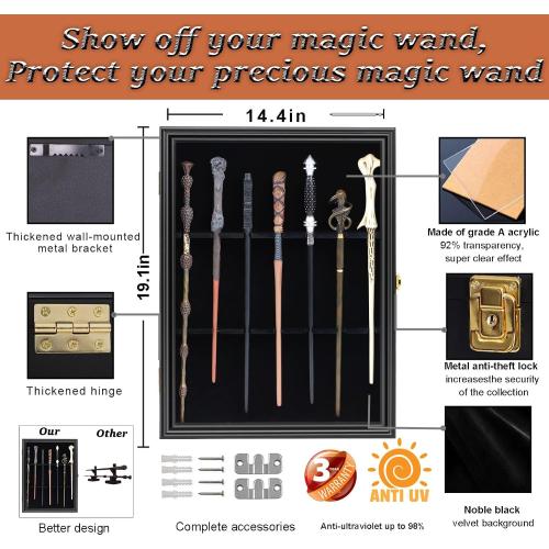 7 Wands Display case Universal Wizard Magic Wand Stand Wall Mount Lockable Wood magiquest Wand Vertical Hanging Holder Box Rack for Wand Collection