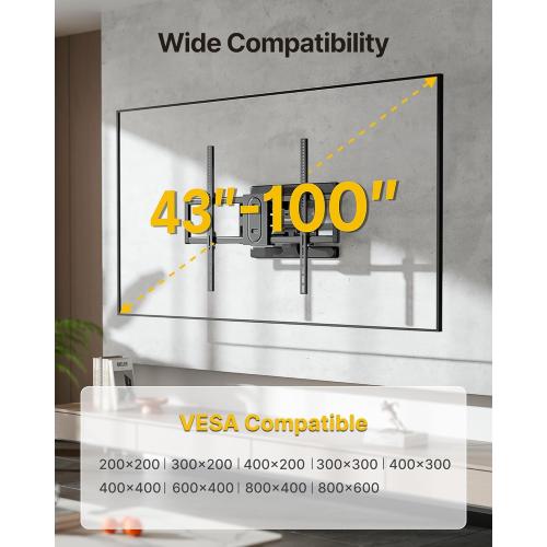 monTEK Heavy Duty Full Motion TV Wall Mount for 43–100 Inch TVs Pre-Assembled Bracket with Tool-Free Tilt Swivel & Extension Max VESA 800x600, 150lbs 4X Strength Tested Fits 16/18 Inch Studs