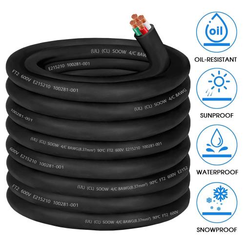 50ft 8/4 Wire 8 AWG SOOW Wire 8 Gauge,8/4 Portable Power Cable 8 Gauge 4 Conductor Electric Cable SOOW Extension Cord for NEMA 14-35amp Generator,Welder,Portable Light,EV Car Charger,Motor Lead