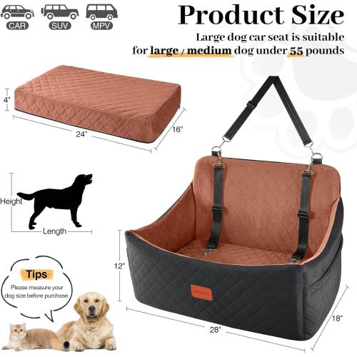 Wooaidagg Dog Car Seat for Medium & Large Dogs Up to 55lbs, Memory Foam Cushion, Washable Cover, Safety Straps & Non-Slip Bottom(Black/Brown,Large)