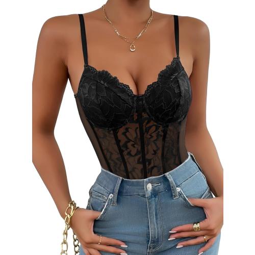Size S...Lilosy Sexy Mesh Sheer Floral Lace Corset Lingerie Bodysuit Bustier Cami Top