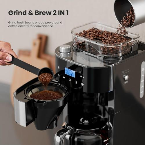 10-Cup Drip Coffee Maker with Built-in Grinder, Programmable Grind & Brew, 220g Bean Hopper, Adjustable Grind Size & Coffee Strength, Descaling Alert, 24H Timer, 2H Keep Warm, LED Touchscreen