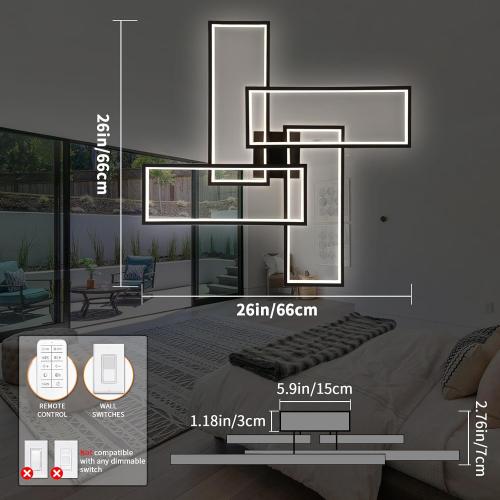 Modern LED Ceiling Lights for Bedroom 26 Dimmable Square Ceiling Lights for Living Room with Remote Control Black Bedroom Light Fixture for Kitchen,Bathroom,Balcony