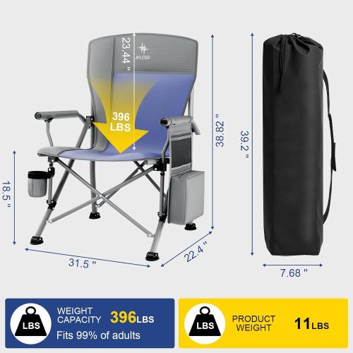 Size XL Color Grey and blue Heavy Duty Camping Chair 396lb Capacity (525lb MAX) - Waterproof 1680D Oxford - Oversized 2 Thick Padded Seat with Cup Holder & Cooler - Portable for Camping, Beach, Tailgating Slate/Navy