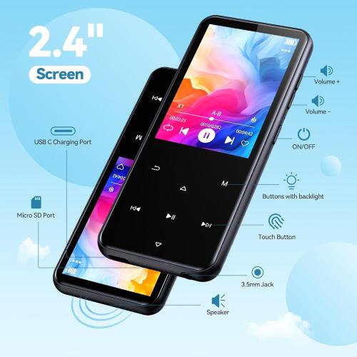 AGPTEK 64GB MP3 Player with Bluetooth, M3 2.4 inch Music Player with Speaker and FM Radio, Touch Buttons, Supports Up to 128GB(Black)