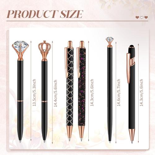 Qeeenar 6 Pcs Fancy Ballpoint Pens Glitter Metal Pens, Black