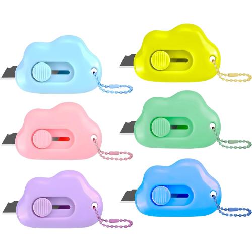 Cloud Shaped Retractable Box Cutter Set - 6 Pack with Key Rings,Stainless Steel Blade,Safe & Portable Letter Opener for Envelopes,Package,Mail,DIY,Paper Cutter for Home,Office,Outdoor (6 Color)