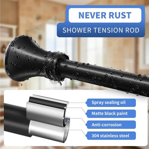 YNL Matte Black Shower Curtain Rod 36-84 Inch(3-7ft), No Slip No Drill Stainless Steel Spring Tension Curtain Rod, No Rust Shower Rod Adjustable For Bathroom Window Bedroom