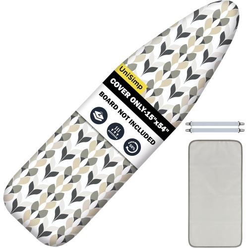 UniSimp Ironing Board Cover and Pad 12.5x30 Extra Thick Natural Cotton, Scorch and Stain Resistant Padding, Standard Size Iron Board Cover with Fasteners Heavy Duty Elastic Edge, Heatproof Foliage