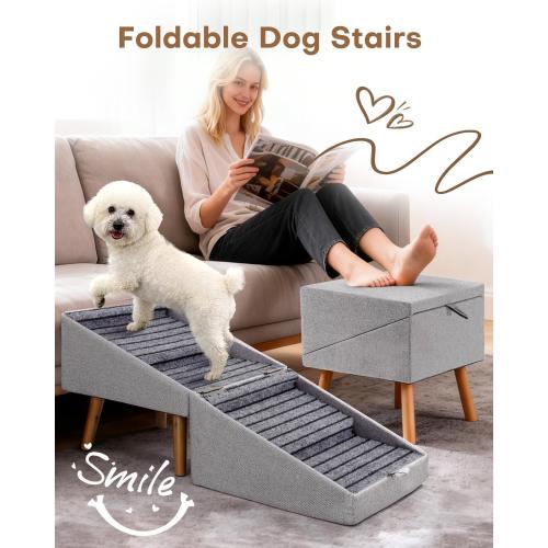 Dog Stairs for Small Dogs 17.13 H, 4-Step Doggie Ramp for Couch Bed Sofa and Chair, Foldable 2 in 1 Wooden Pet Steps for Puppy Medium/Large Dogs and Cats, Split Ottoman Design