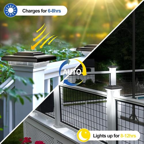 T-SUN 4x4 Solar Post Cap Lights, Fence Post Solar Lights Fit for 4x4 Vinyl Wooden Posts, IP65 Waterproof Outdoor Lighting for Stairs Step, Deck, Patio, Garden (6 Packs, Black, Warm/Cool White)