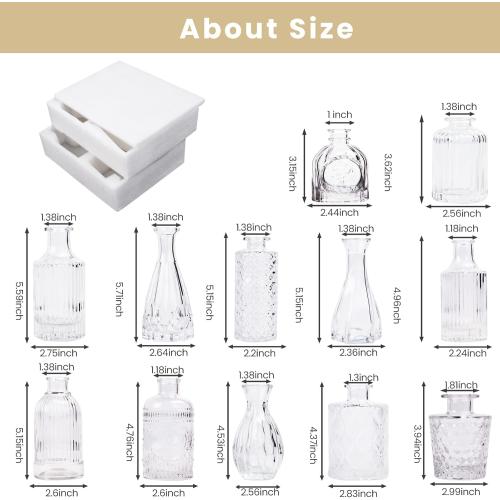 Glass Bud Vases Set of 12, Small Vases for Centerpieces, Vintage Mini Vases for Wedding Decor, Clear Glass Bud Vase in Bulk, Office and Home Table Flower Décor