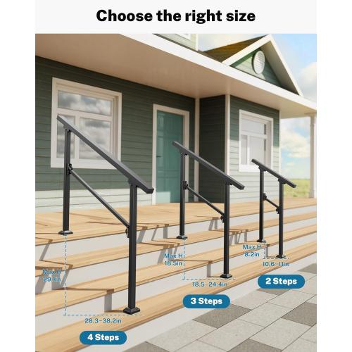 Hand Rails for Outdoor Steps, 3 Step Handrail, Stair Railing Indoor, Hand Rails for Indoor Stairs & Wrought Iron Handrails for Outdoor Steps for Porch/Deck, Black