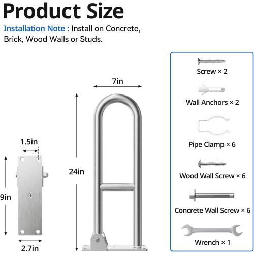 Toilet Grab Bar, Bathroom Safety Handrail Wall Mounted, 304 Stainless Steel Flip Up Folding Support Rail for Elderly Seniors and Handicap Assistance (24 Inch)