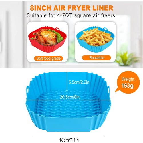 2 PCS Square Silicone Air Fryer Liners - 8 Inch Reusable Air Fryer Pot - Air Fryer Accessories - Air Fryer Inserts for 4 to 7 QT Oven Microwave Accessories (Red   Blue)