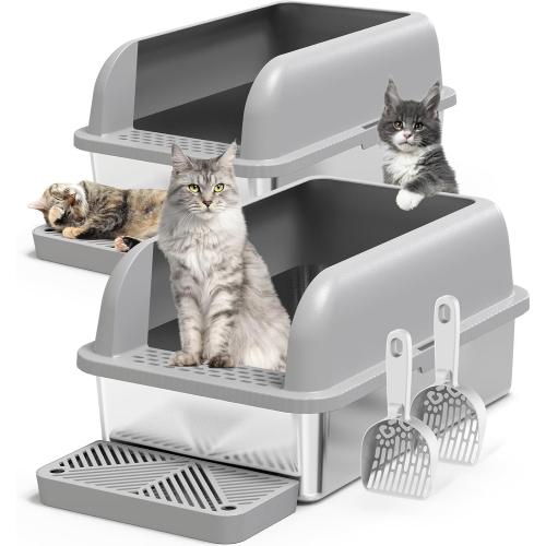 2 Pack XL Stainless Steel Litter Box Enclosure with Lid, Stainless Steel Cat Litter Pan for Big Cats, Large Metal Litter Box with Anti-Leakage High Wall, Non-Sticky Easy Cleaning Cat Litter Tray