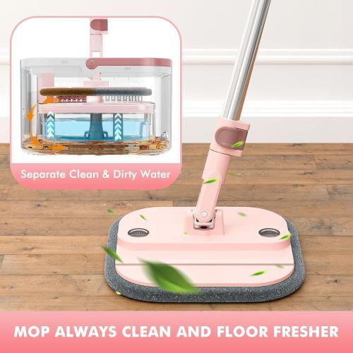 KZKR Square Spin Mop and Bucket Set with Self Separation Dirty and Clean Water System,Self Wringing 360° Rotating Mops Head for Home Floors Cleaning (2.0 mop Bucket Set with 2 Pads)