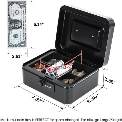 KYODOLED Cash Box with Combination Lock Safe Metal Money Box with Money Tray for Security Lock Box 7.87x 6.30x 3.35 Black