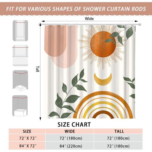 Size 72x72 Mid Century Abstract Boho Orange Aesthetic Shower Curtain Set, Spring Summer Pink Green Nature Leaf Sun Modern Minimalist Home Bathroom Curtain Decor with 12 Hooks 72x72 Inches