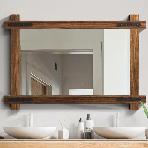 YOSHOOT Farmhouse Wood Bathroom Mirror, 32x24 Rustic Wall Mirror, Round Corner Vanity Mirror for Decor, Vertical or Horizontal Hanging, Selected Wood, 100% Handmade