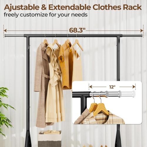 Black Heavy Duty Clothes Rack Load 450 LBS, Metal Garment Rack, Standing Rolling Clothing Rack for Hanging Clothes with Sturdy Wheels & Shelves, Portable Closet Wardrobe Rack,Black