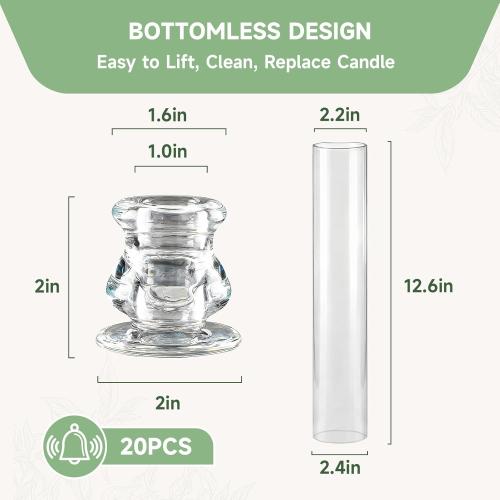 20 Pack Glass Hurricane Candle Holders 12.6 Open Ended Candlestick Holder Tubes Clear Bottomless Cylinders Suitable Taper LED Candles for Wedding Party Christmas Table Centerpiece Decor