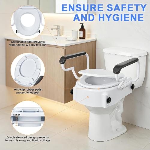 Raised Toilet Seat with Handles, 3 Heights (2/3.5/5 inch) Adjustable, Toilet Seat Riser for Seniors After Hip/Knee Surgery, 300lbs, Fits Round Toilet, with Lid, White | Adjustable Height