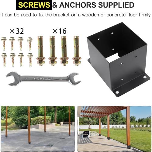 6X 6 Post Base 4 PCS,Inner Size 5.6x5.6Deck Post Base,Heavy Duty Metal Black Powder Coated Post Brackets,for Pavilion Deck Railing Support Deck Base Plate, Support Bolt Down (4PCS)