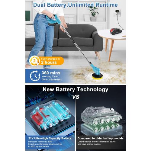 Electric Spin Scrubber Extra Long Foldable,Cordless Rechargeable Spin Scrubber Battery Power 21V,1800RPM Cordless Electric Power Scrubber with 6 Brushes for Bath/Tub/Tile/Floor/Walls