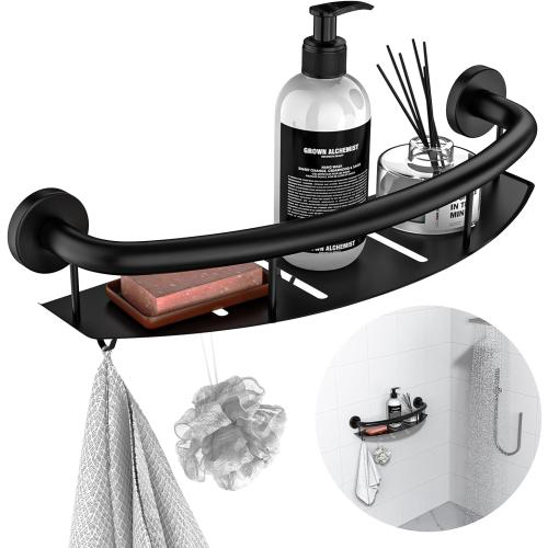 Black 18-inch Safety Grab Bar with Storage Shelf for Bathtub or Shower, Drainage Holes, Stainless Steel, Wall Mounted Grab Bars for Elderly Injured Balance Support