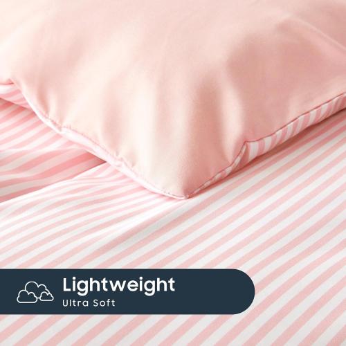 Size 90x90 Color Pink Wake In Cloud - Striped Comforter Set, Ticking Stripe Vertical Pinstripe Neutral Farmhouse Pattern Printed, Soft Lightweight Bedding, 3 Pieces, Pink White,