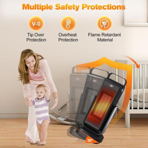 Space Heater for Indoor Use, Portable Heater 60° Up/Down Adjustment 70° Oscillat, 1500W PTC Electric Heater with Thermostat 12H Timer Remote Control, Over Heat& Tip-over Protection for Bedroom Office