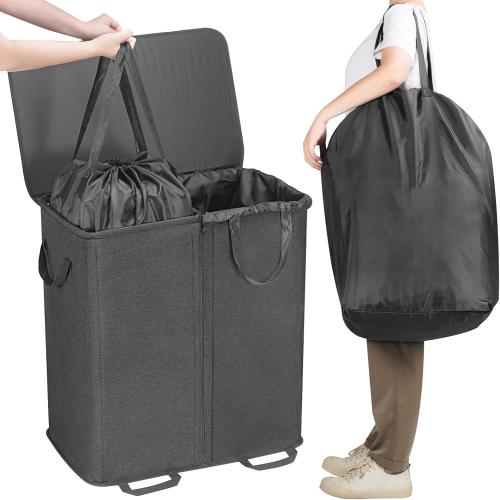 Lifewit Double Laundry Hamper with Lid and Removable Laundry Bags, Large Collapsible 2 Dividers Dirty Clothes Basket with Handles for Bedroom Laundry Room Closet Bathroom College, gray