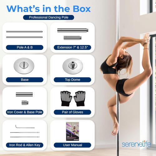 SereneLife Professional Spinning Dance Pole, 45mm Portable Exercise Pole for Fitness – Durable Steel Build, Anti-Rust Finish, Suitable for Home, Club, Gym, Party, Pub