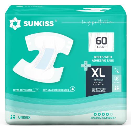 SUNKISS TrustPlus Adult Diapers with Maximum Absorbency, Unisex Disposable Incontinence Briefs with Tabs for Men and Women, Odor Control, XLarge, 60 Count (4 Packs of 15)