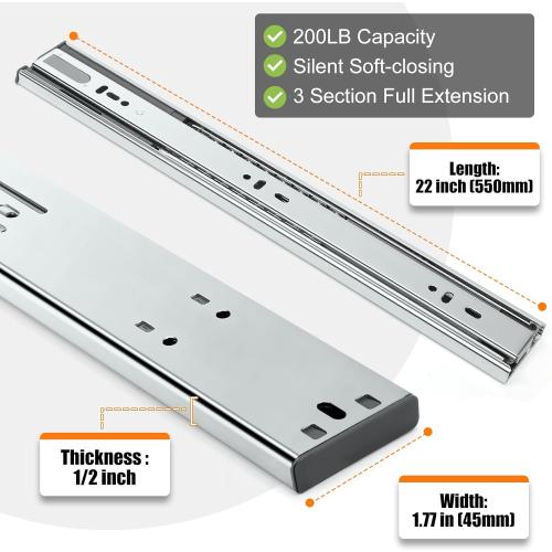10 Pairs | Soft Close Drawer Slides 22 inch, HBL’ Heavy Duty Cabinet Drawer Slides Replacement - Ball Bearing Full Extension, 200 LB Capacity, Made of Cold-Rolled Steel, Rust-Resistant & Long-Lasting.