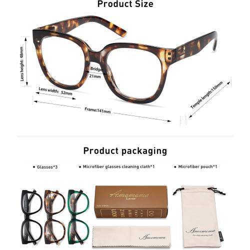 AMOMOMA 3 Pack Oversized Square Reading Glasses for Women,Stylish Retro Cute Blue Light Computer Womens Readers AM6122