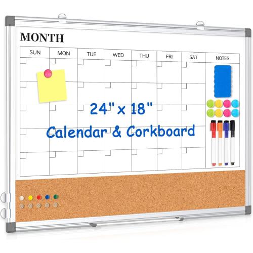 Monthly Calendar Whiteboard Dry Erase Cork Board Combo for Wall, 24 x 18 Double-Sided Calendar White Board and Bulletin Board, Portable Board for Office, Kitchen, School, Home