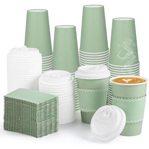 60 Pack Sage Green Coffee Cups with Lids Sleeves, 12oz Insulated To Go Paper Cups Sage Green Party Cups Disposable Paper Cups, Drinking Cups for Wedding Birthday Baby Shower Party Supplies