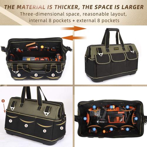 Size 22-inch Color Green and Black Wide Mouth Tool Bag with Water Proof Molded Base，Wide Mouth Tool Tote Bag,Waterproof Tool Organizer Bag for Men with Adjustable Shoulder Strap (22 inch)