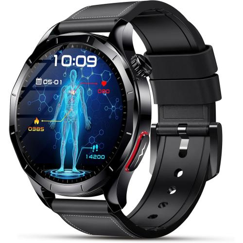 Smart Watch for Men Women, 1.43 AMOLED HD Health Watch with Answer/Make Call 24H Heart Rate Blood Pressure SpO2 Stress Sleep Monitor SOS Call Fitness Watch (Black Leather)