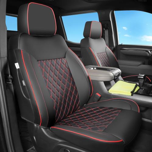 TANDI Fit for Silverado & GMC Sierra Seat Covers with Faux Leather for 2019 2020 2021 2022 2023 2024 2025 Chevy Silverado & GMC Sierra 1500&2020-2025 2500HD 3500HD(Black with Red Trim, Full Set (SG-A)