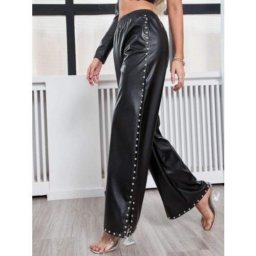 Size L Women's Wide Leg Faux Leather Pants Rivets Pearls Elastic Waist Beggy Trousers with Pockets