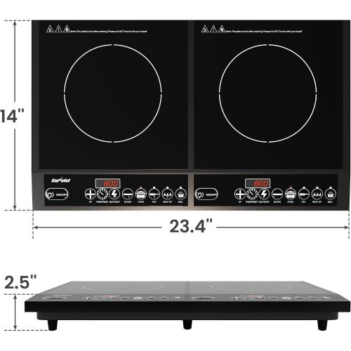 Sunvivi Portable Induction Cooktop: 2 Burners in 1, Commercial-Grade Electric Countertop Stove with LED Touchscreen, 8 Power Levels & Precise Temp Control (176°F-518°F), Independent Timer, Black