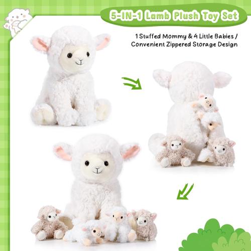 Lenwen 5 Pcs Lamb Stuffed Animal Toys Sets, 14 Inch Mommy Lamb Plush with 4 Cute Babies in Her Zippered Tummy Soft Cuddly Sheep Plushie for Farm Christmas Birthday Easter Gifts(Lovely Style)