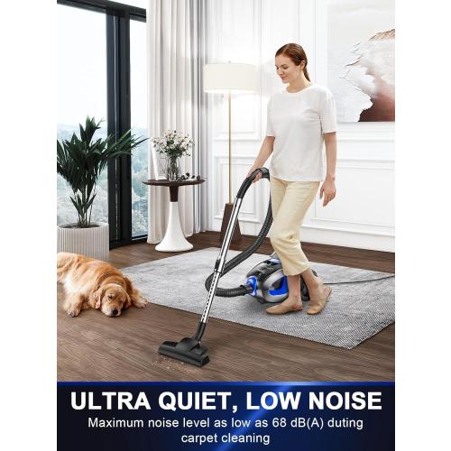 Canister Vacuum Cleaner, 40Kpa 1600W Cyclon Power, Dust Full Indicator, Double HEPA Filters, 3.7Qt Large Capacity, Lightweight Vac for Hard Floors, Carpets, Pet Hair, Blue